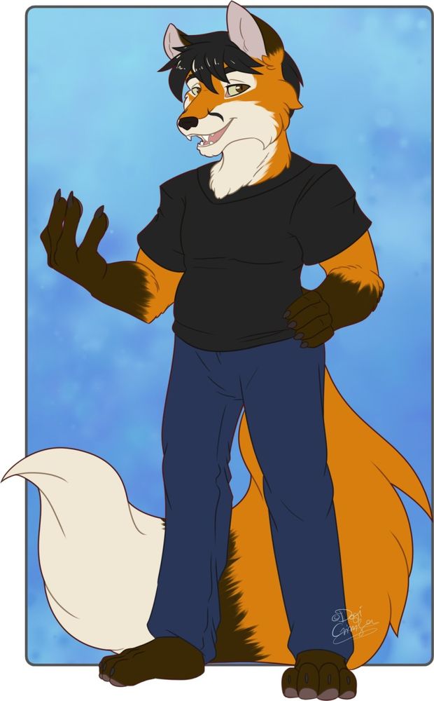 Art of my anthro fox fursona wearing a black t-shirt and jeans while smiling. Art by Dogi Crimson.