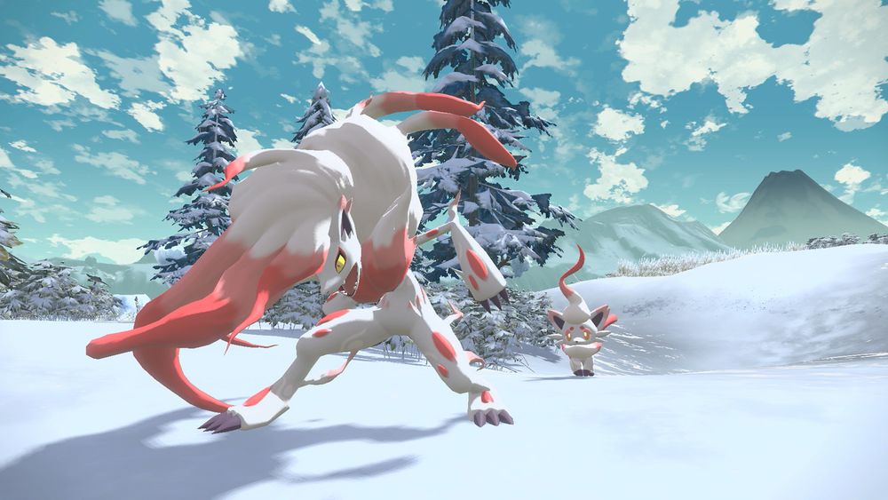 Screen shot from the video game "Pokemon Legends: Arceus" showing a Hisui region variants of Zoroua and Zoroark.