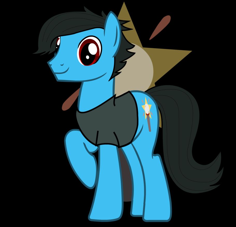 Art of my OC from "My Little Pony: Friendship is Magic", a blue stallion with black mane and tail wearing a black t-shirt and brown eyes smiling. Also with a cutie mark of a microphone in the center of a star.