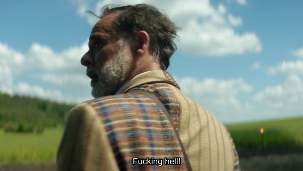 A series of stills from season 3 episode 1 of Foundation. The captions say "Fucking hell!" / "You've nulled my null field" / "No one's ever done that before" / "Nicely done"