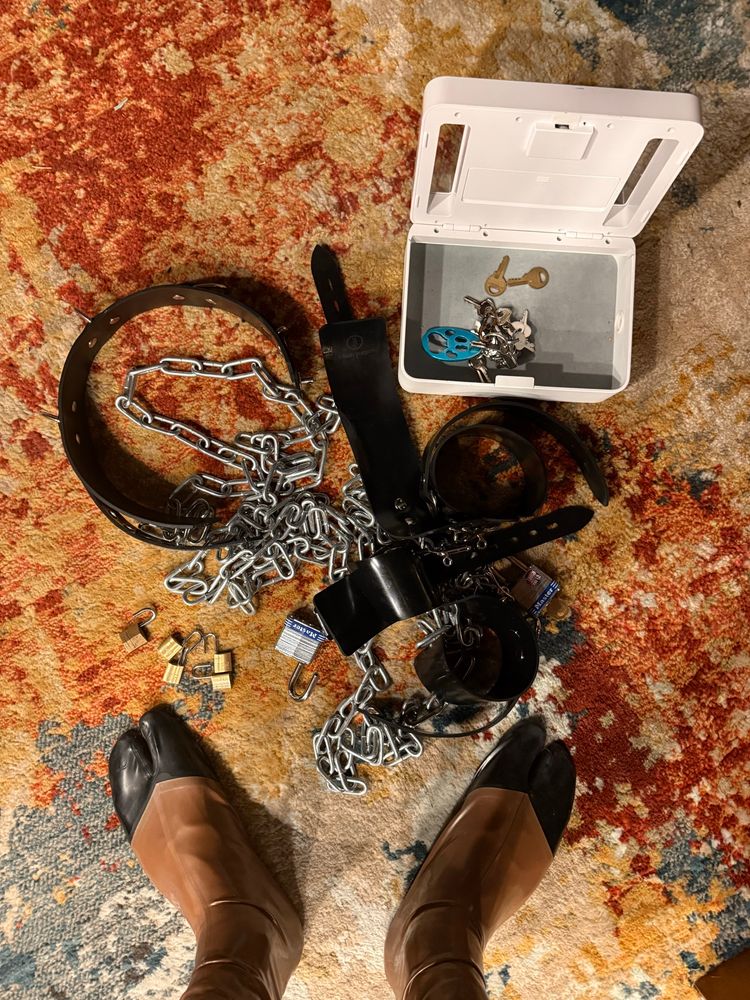All of my padlocks, cuffs, collar, and chain are all unlocked and on the floor