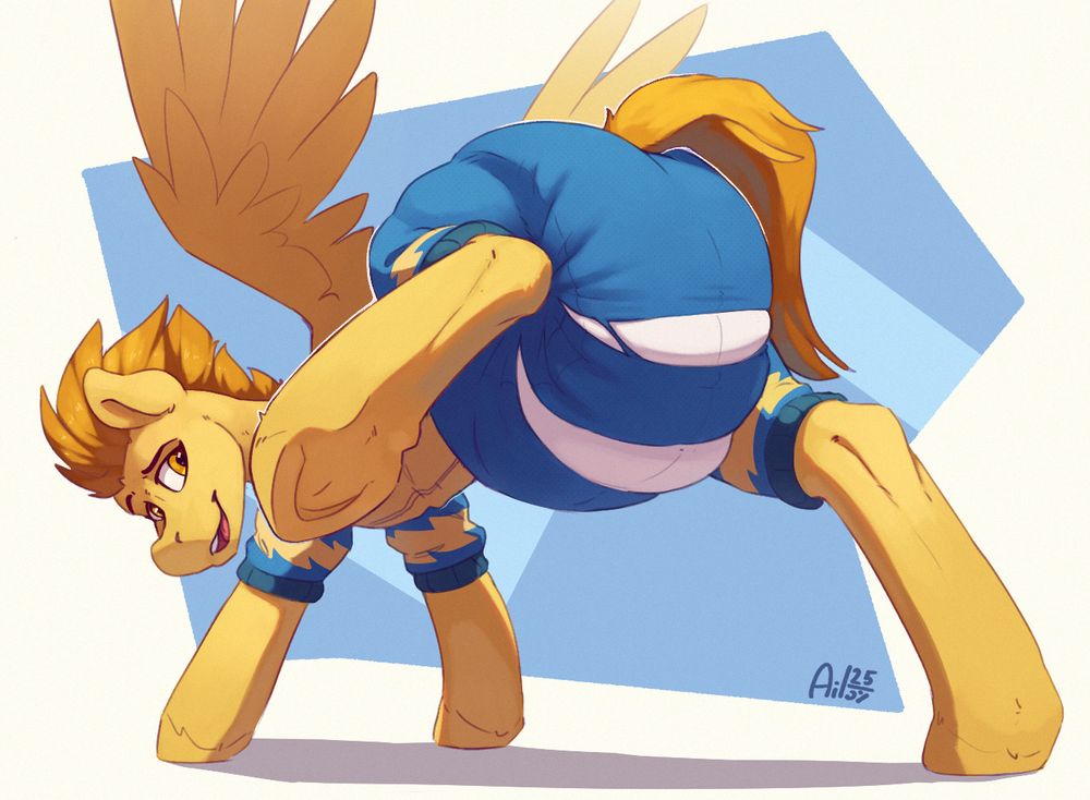 Digital art of a orange pegasus named Spitfire. She is wearing a Wonderbolt themed torn onesie with a fat diaper showing through.