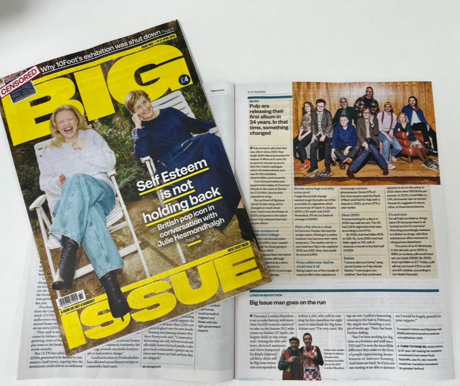 The cover of the Big Issue magazine, and a page showing a news story about Adrian Lobb running the London Marathon… 