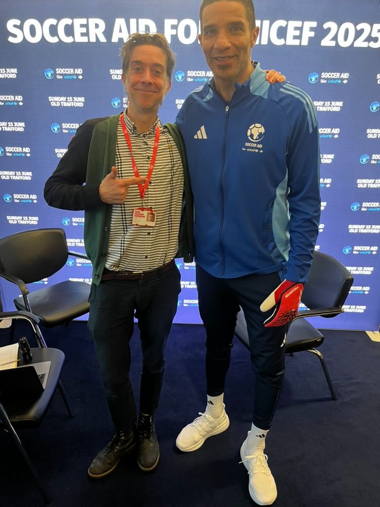 Former Watford, Liverpool, Aston Villa, Portsmouth and England goalkeeper David James and his interviewer, former FC Merrill, Mickleover Athletic and Littleover Dazzlers inside forward, Adrian Lobb.   