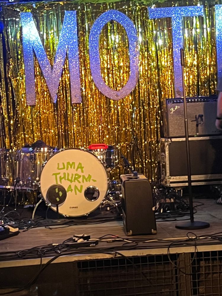 Wet Leg’s drum kit at Moth Club (it says Uma Thurman on the bass drum) 