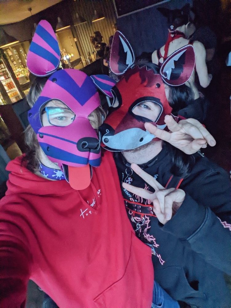 A photo from Howl Newcastle of Nyx and a friend in pup hoods showing peace signs to the camera.
