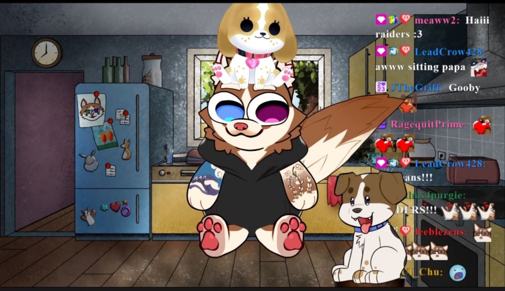 papamutt's new chibi model with his tts model, anya, on his head and his tts png model, louis, next to him - all 3 of them are dogs.
he has beady, huge eyes, one blue and one purple, and he's sitting down on a drawn kitchen background.
