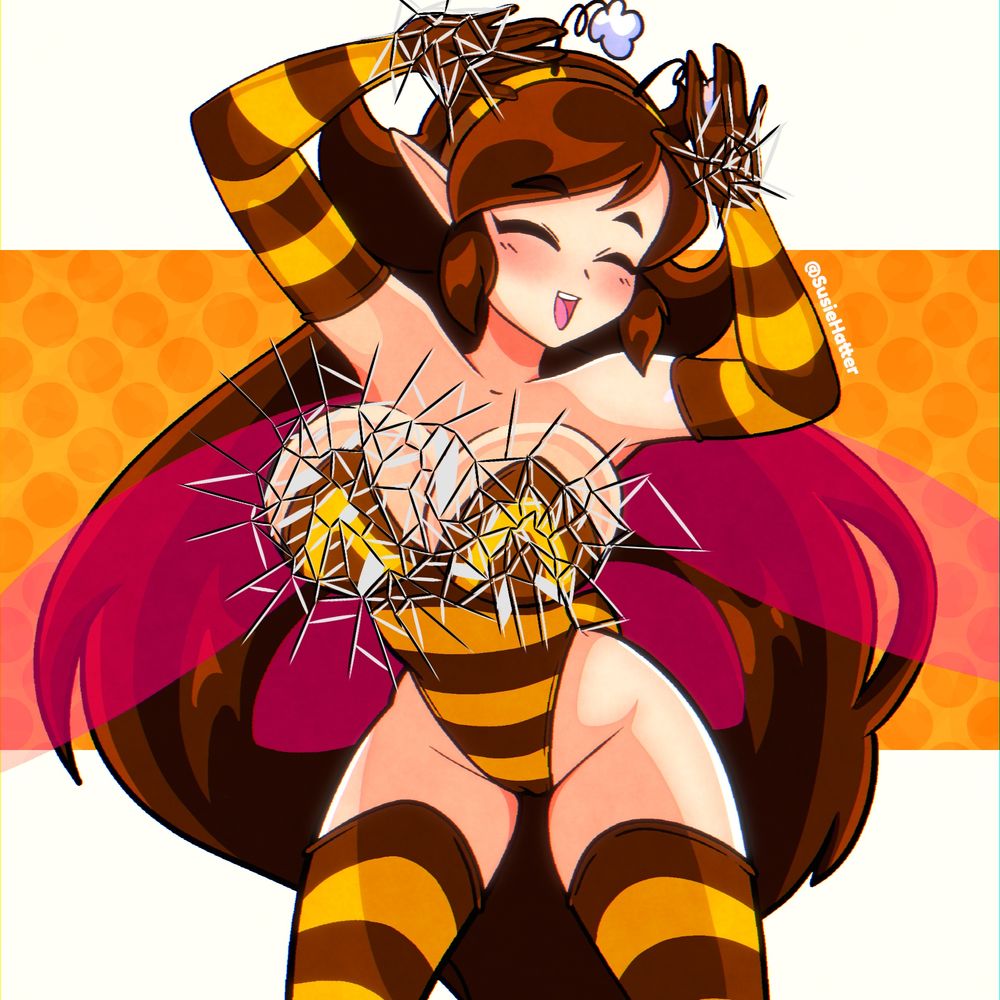 A queen bee humanoid pressing up against a glass screen, cracks showing on the areas pressed against the screen.