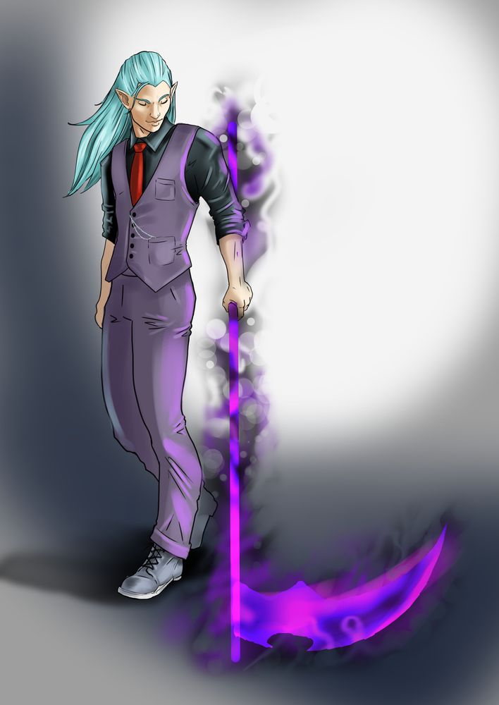 Thin pale-skinned male adult male with elven features and blue hair. He holds a misty purple scythe and is looking down smugly at it. He's wearing a grey-purple suit vest with matching trousers with a black shirt and red tie.