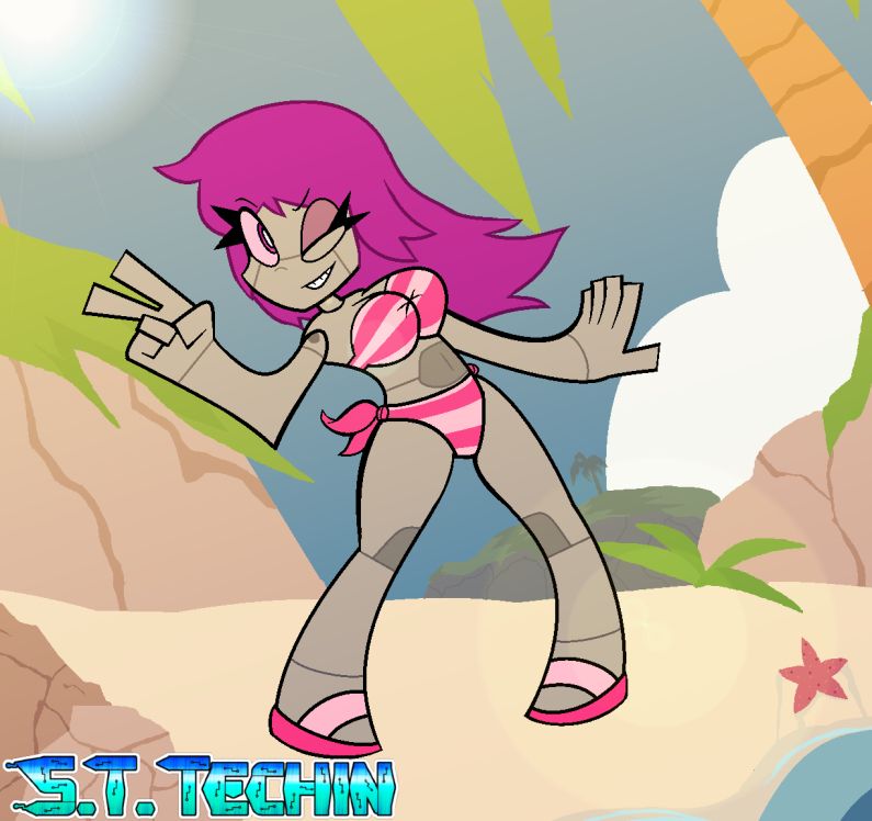 Art of my robot girl oc onnie at the beach wearing a swimsuit and having her hair down!
