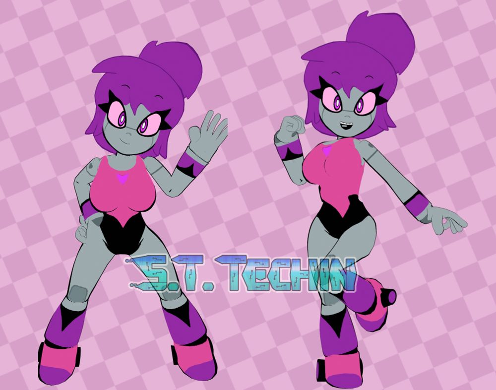 3D model of my robot girl oc Onnie Bell made by my friend 3DGAMMER809! Shes a purple haired humanoid robot wrestler who wears a pink and black leotard , Black and Purple arm bands and leggings and skating shoes. Her hair is up in a bun. These renders of her model shown were made by me!