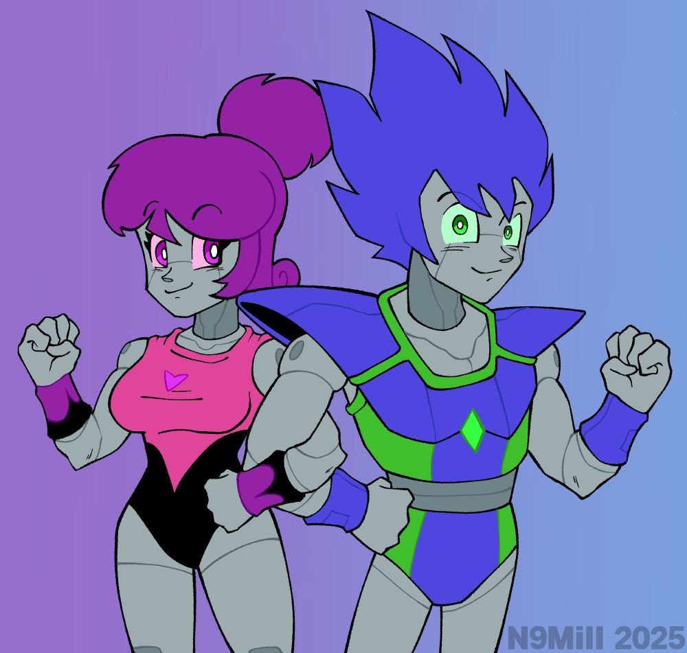 Art of my two robot OCs Onnie Bell ( a Female purple haired Robot ) and Techin Arc ( a Male blue haired Robot ) drawn by my friend N9mill in a style akin to something like DBZ (Dragon Ball Z)