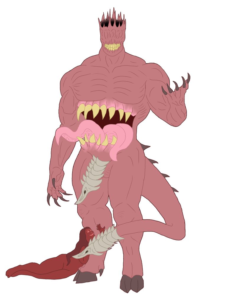 WIP. Character is my oc, the Blood King. Drawing with flat colors of a large demon. He is muscular, has goat legs and tail, and a lipless mouth with exposed teeth. His head is covered with horns shaped like a crown, the top is open and hollow. His abdomen is a gaping mouth with huge teeth and two tongues. He has two intricately designed segmented penises, one on his groin and the other on the end of his tail. A woman is embracing his leg, her expression euphoric 