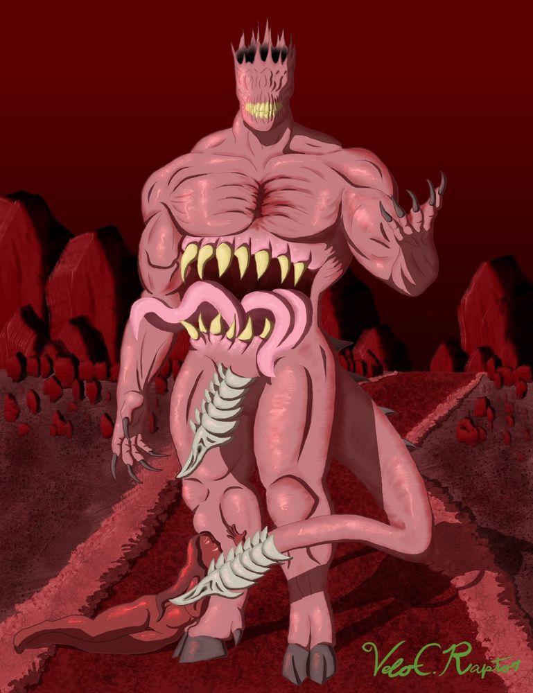 Character is my oc, the Blood King. He is muscular, has goat legs and tail, and a lipless mouth with exposed teeth. His head is covered with horns shaped like a crown, the top is open and hollow. His abdomen is a gaping mouth with huge teeth and two tongues. He has two intricately designed segmented penises, one on his groin and the other on the end of his tail. A woman is embracing his leg, her expression euphoric. They are standing on a red colored road, with a red rocky and mountainous background