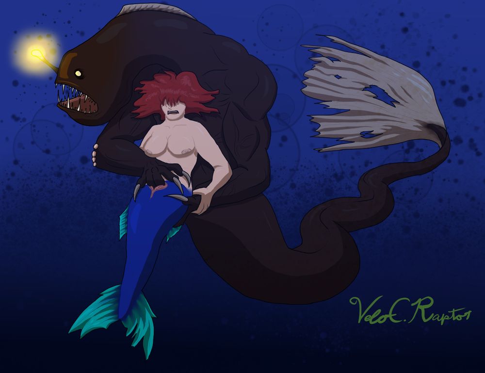 Both characters are mine. A large merfolk monster with angler fish features and a long tail has a mermaid in its grasp. Its lure is glowing very brightly. The mermaid had a blue tail and red hair covering her eyes. The angler fish monster is fingering the mermaid as she holds onto his arms. They are down deep in the ocean, the lure being their only light source
