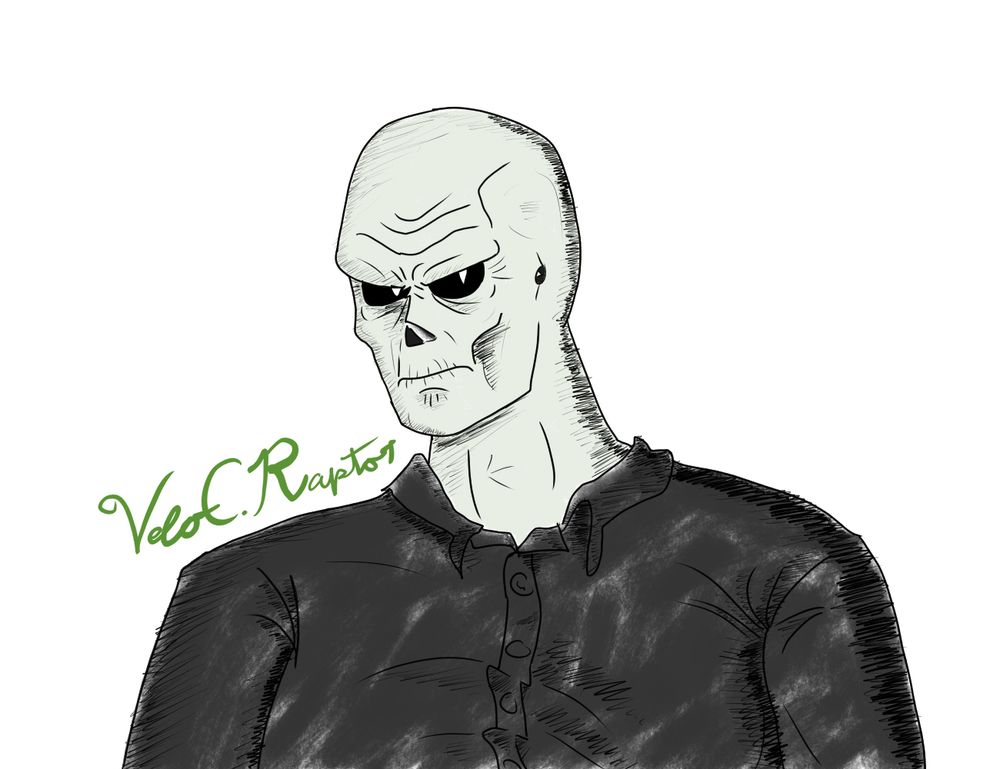 The character is my oc, named Salazar. A colored sketch bust of a demon with a skull like face, wearing a dark button up shirt. He is looking up to the side with a glaring expression. His brow is furrowed and his mouth set in a frown