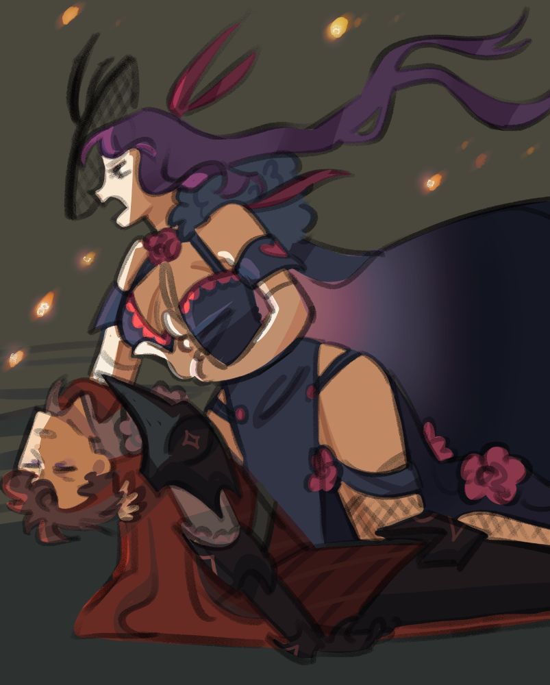 diamant fire emblem passed out and limp, held up by ivy fire emblem fighting over him