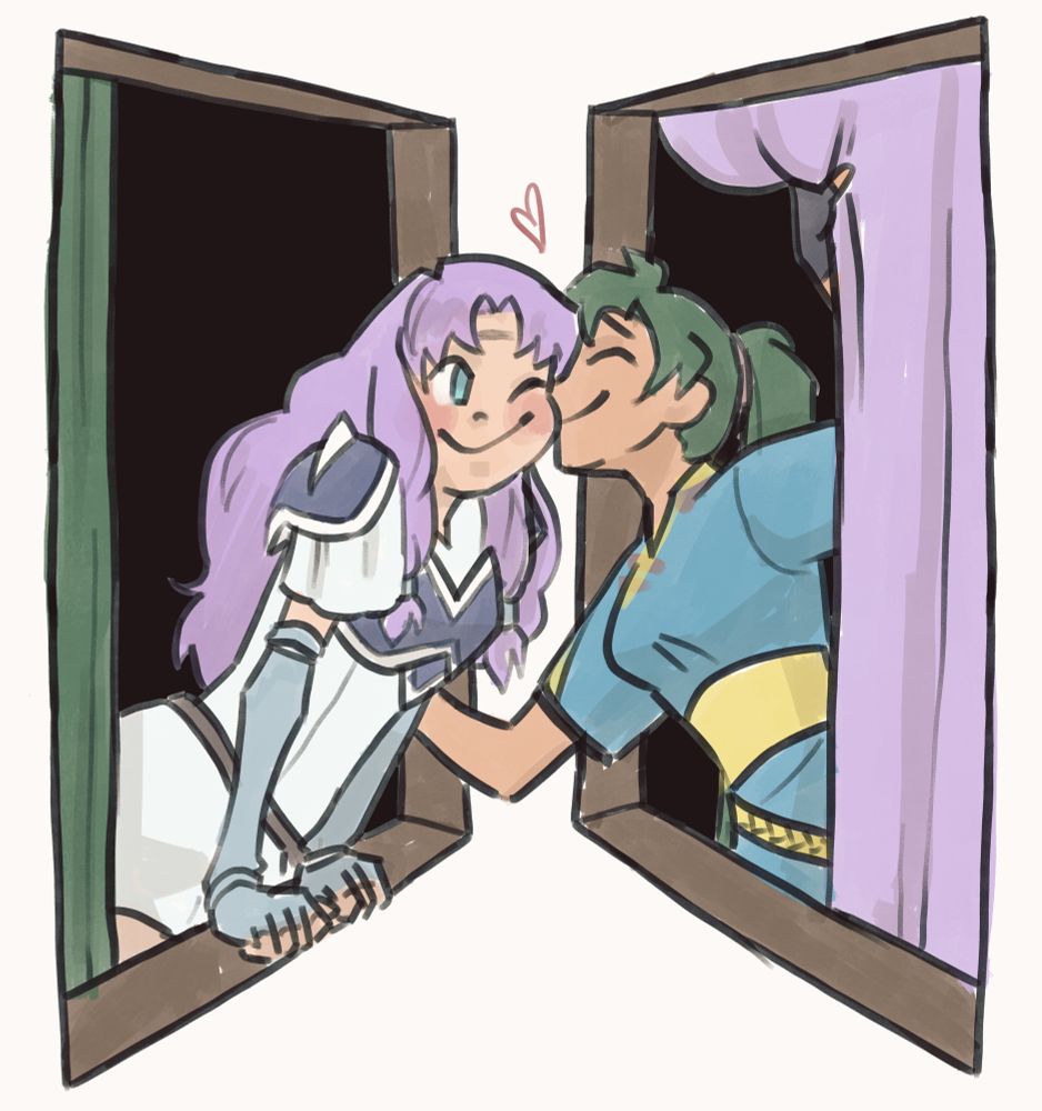 fire emblem: blazing blade fanart. florina and lyn leaning out opposite windows, florina’s curtain is open and she’s leaning into a kiss on the cheek from lyn, who’s pulling her curtain to the side