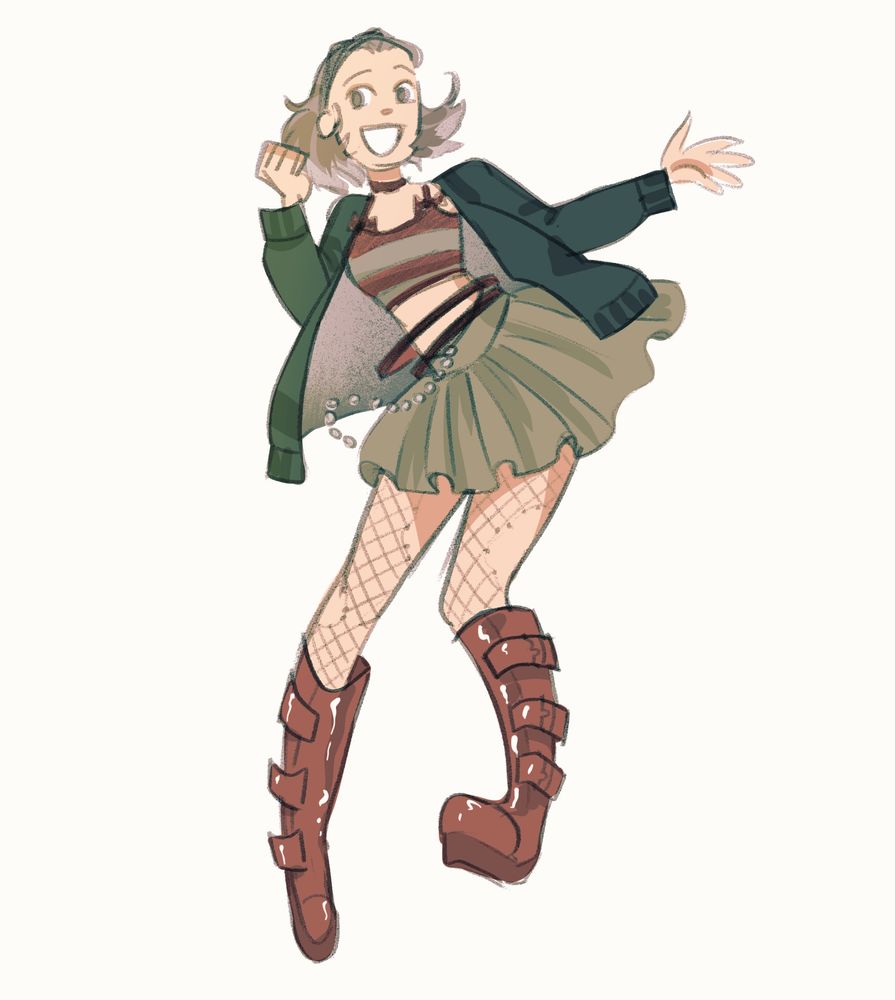 Sophie fire emblem wearing a short green skirt, fishnets, red demonias, and a red and gray striped tank top 
