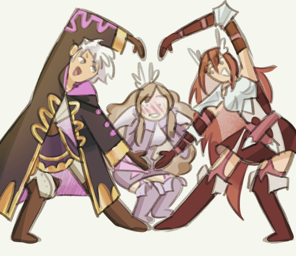 M!robin and Cordelia fire emblem making a big heart with their arms around a panicked sumia 