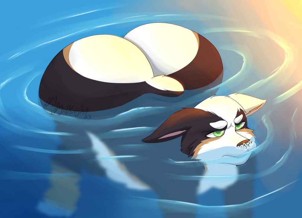 A picture of my Sona, Alex in a body of water, with his butt floating him on the surface of the water