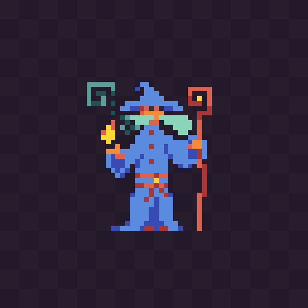 Pixel art of a mage with a big burned mustache