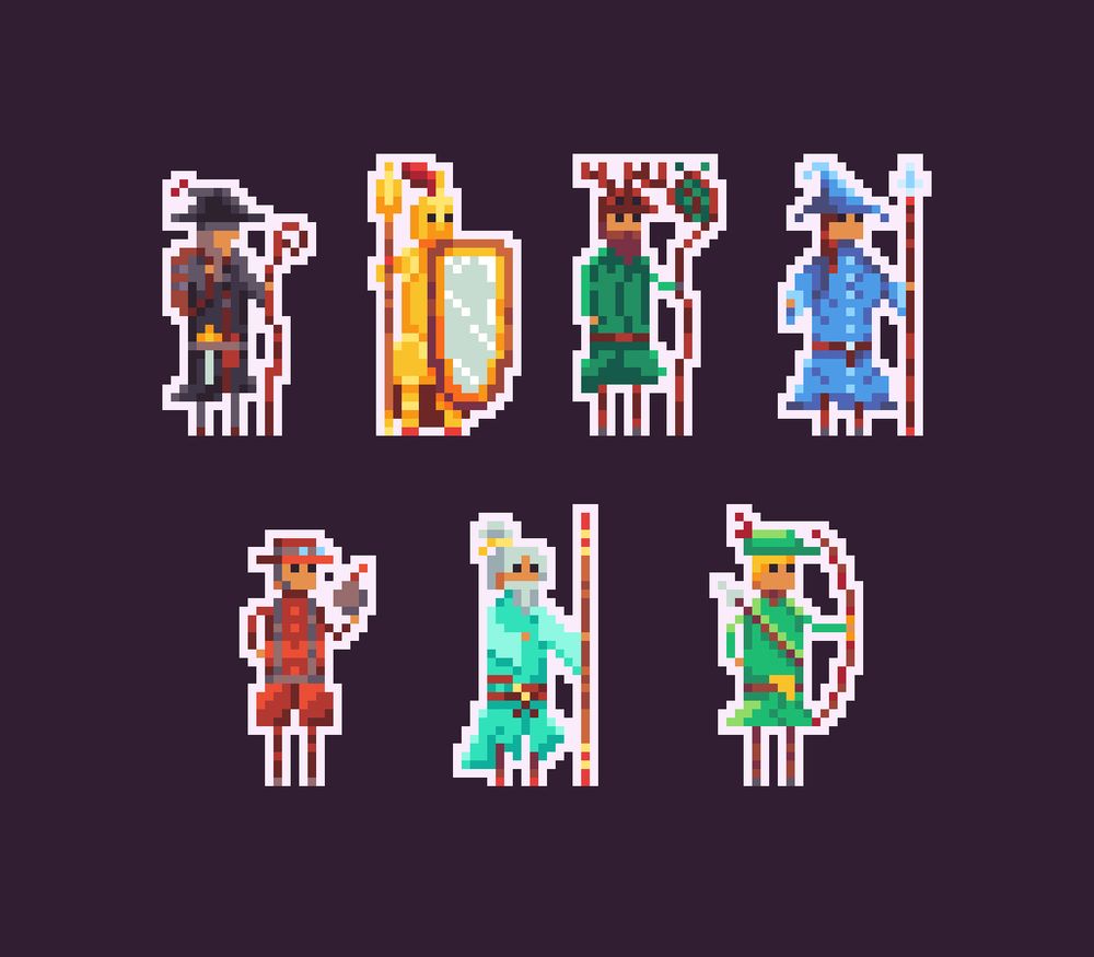 Seven RPG characters made in pixel art.