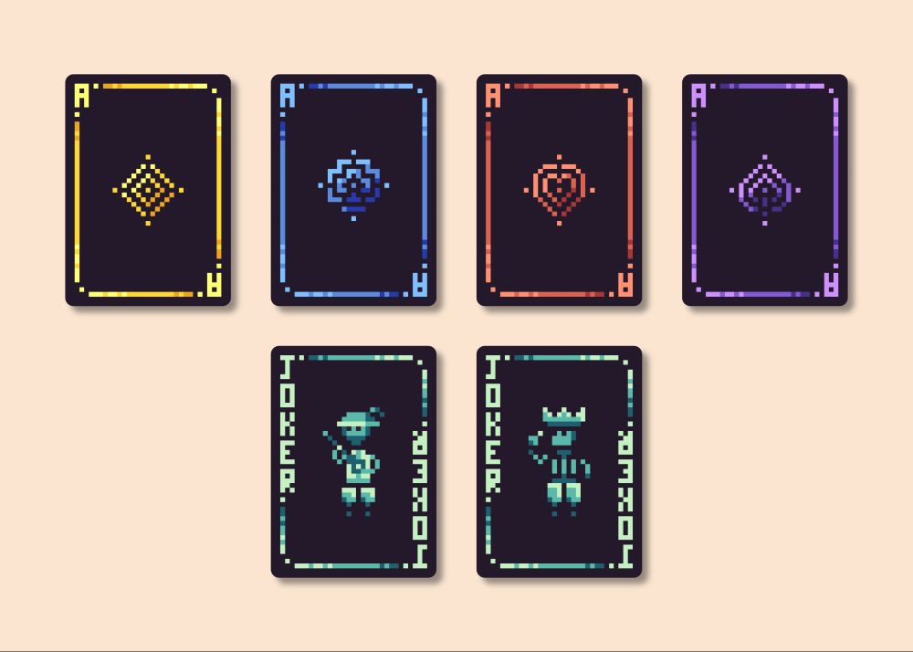 pixel art cards, aces and jokers