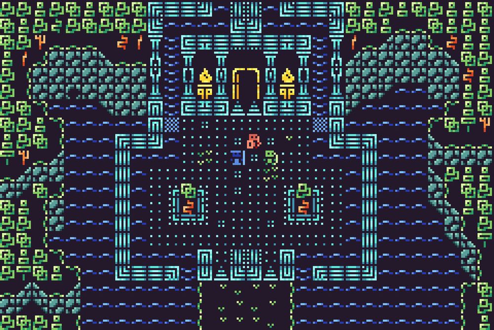 pixel art, retro dungeon entrance with 3 rpgs hero 