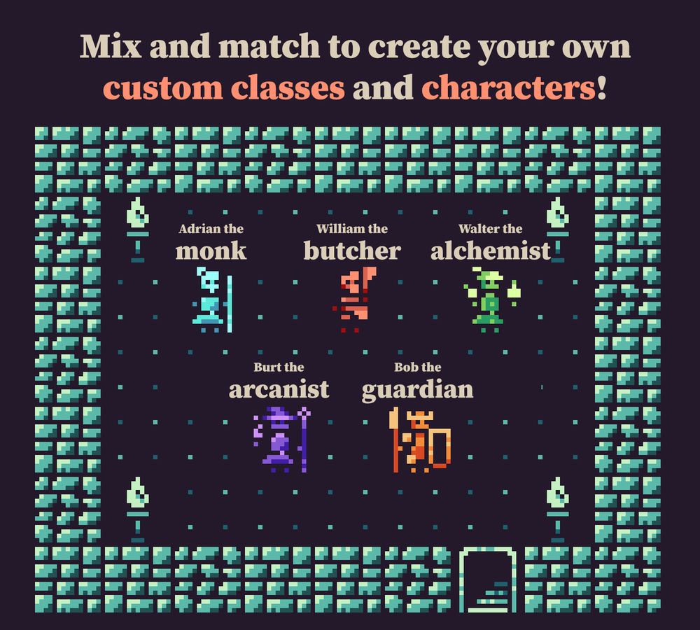Pixel art characters, the text says "mix and match to create your own custom classes and characters". The picture show 5 characters : Adrian the monk, William the butcher, Walter the alchemist, Burt the arcanist and Bob the guardian.