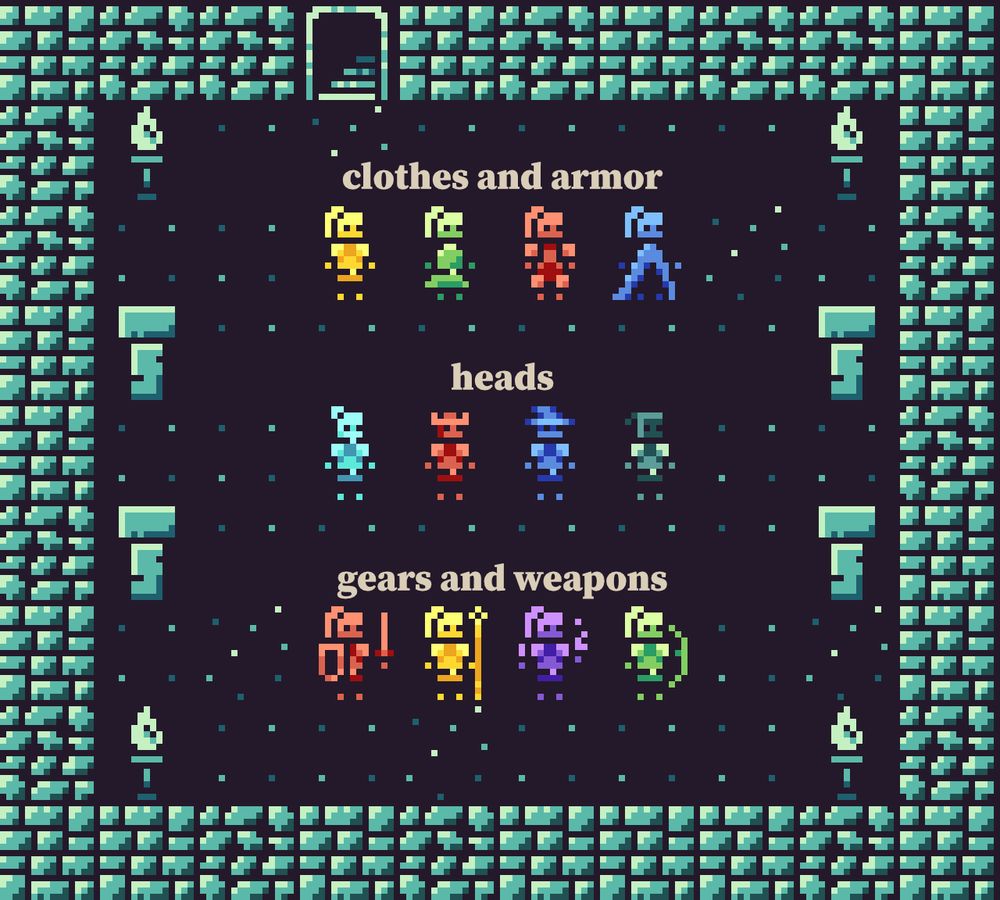 Pixel art characters, the picture show different clothes, armor, heads and weapons on the sprites