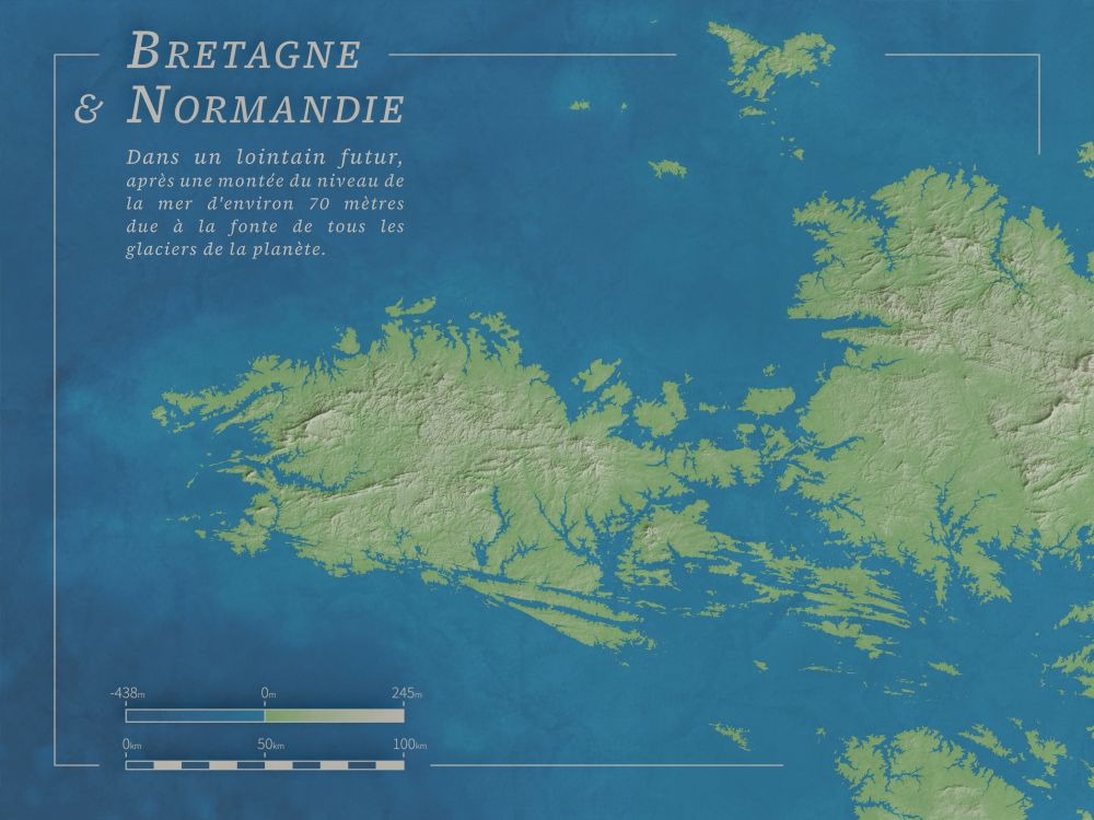 3D render of a map depicting Brittany and Normandy in a distant future where global sea levels have risen by approximately 70 meters. 