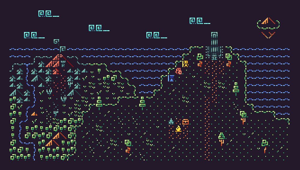 pixel art, 3 adventurers on top of a hill watching a mountain in the foreground
