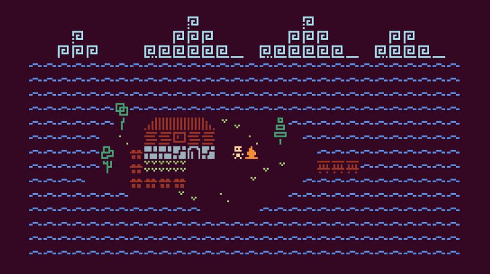 pixel art, a small island with a character on it. there's a house and a fire. 