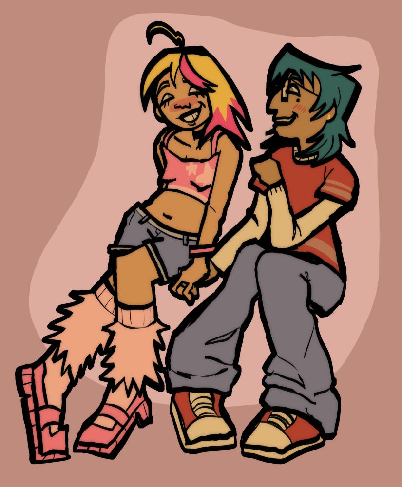 Two characters are sitting next to each other holding hands. The one on the left is a woman with blonde and pink hair and a pink crop top, smiling wide at the person next to her. On the right is a teal haired person with glasses smiling at the person next to them.