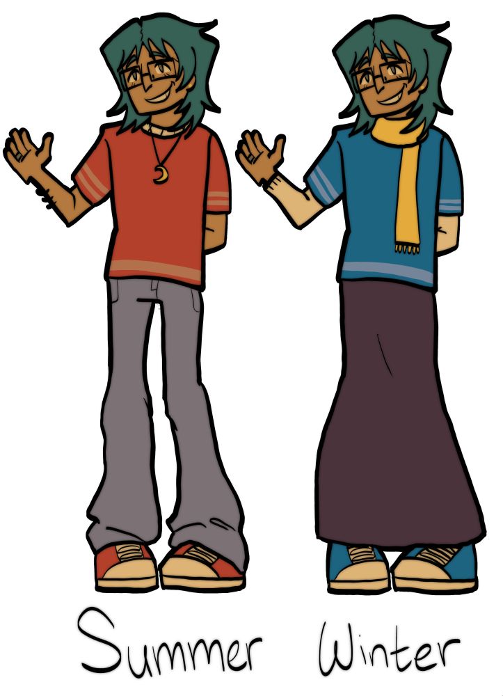Designs for an OC. On the left is a teal haired person with glasses and somewhat tan skin wearing a red shirt with baggy jean pants. They also have a crescent moon necklace. On the right is the same person except they are wearing a yellow scarf, a blue shirt with a white long sleeved undershirt, and a long black skirt going down to their shoes.