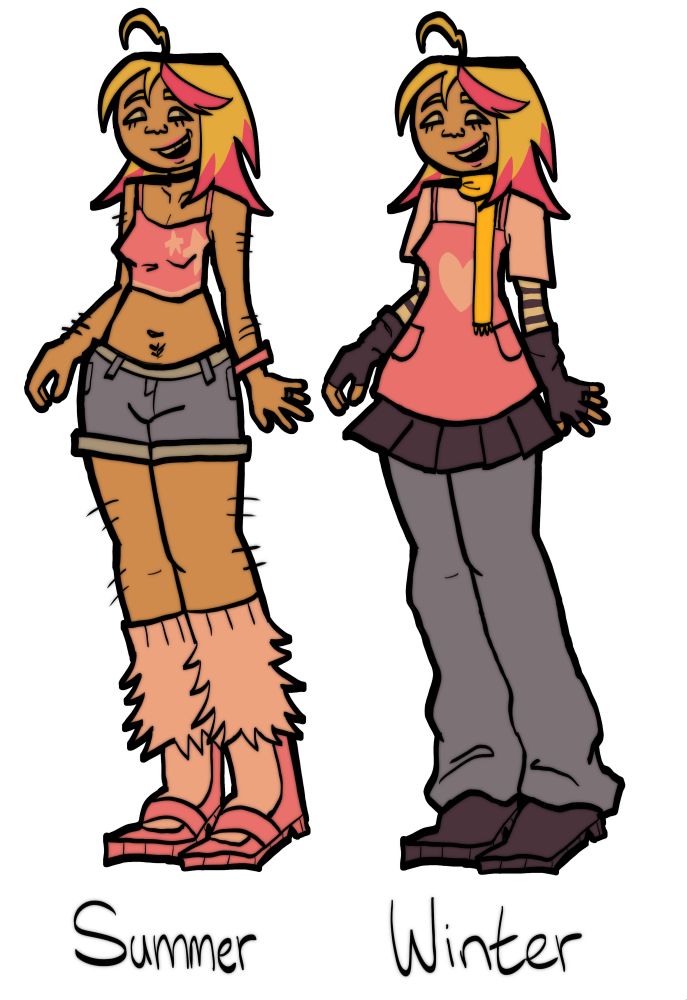 Designs for an OC. On the left is a blonde haired woman with pink highlights wearing a pink crop top and short jean shorts. She also has fuzzy pink socks and pink heels. On the right is the same woman except she has a yellow scarf, a pink shirt with a darker pink apron with a heart on it, a striped undershirt, black fingerless gloves, and baggy pants.