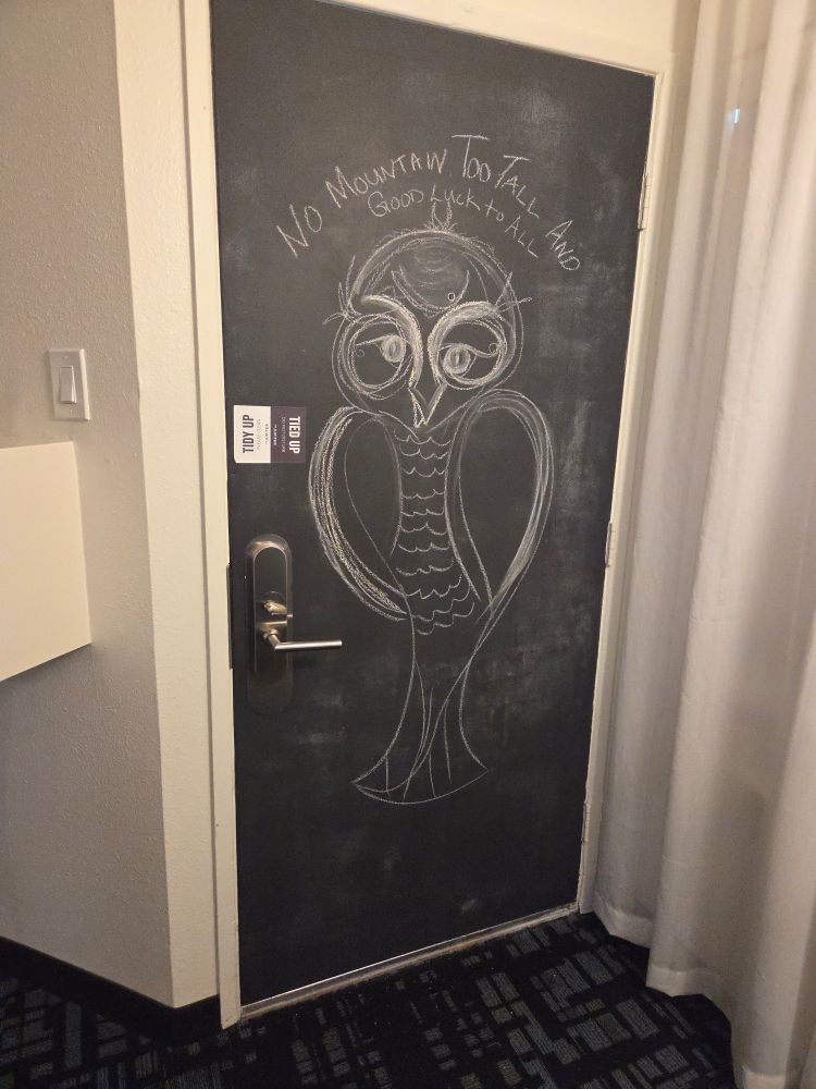 A hotel room door painted with black chalkboard paint with a big sloppy owl drawing and the words 