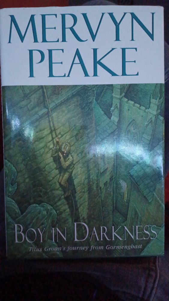 Cover of Boy in Darkness by Mervyn Peake. It shows a young lad climbing a rope from a claustrophobic, dark courtyard.
