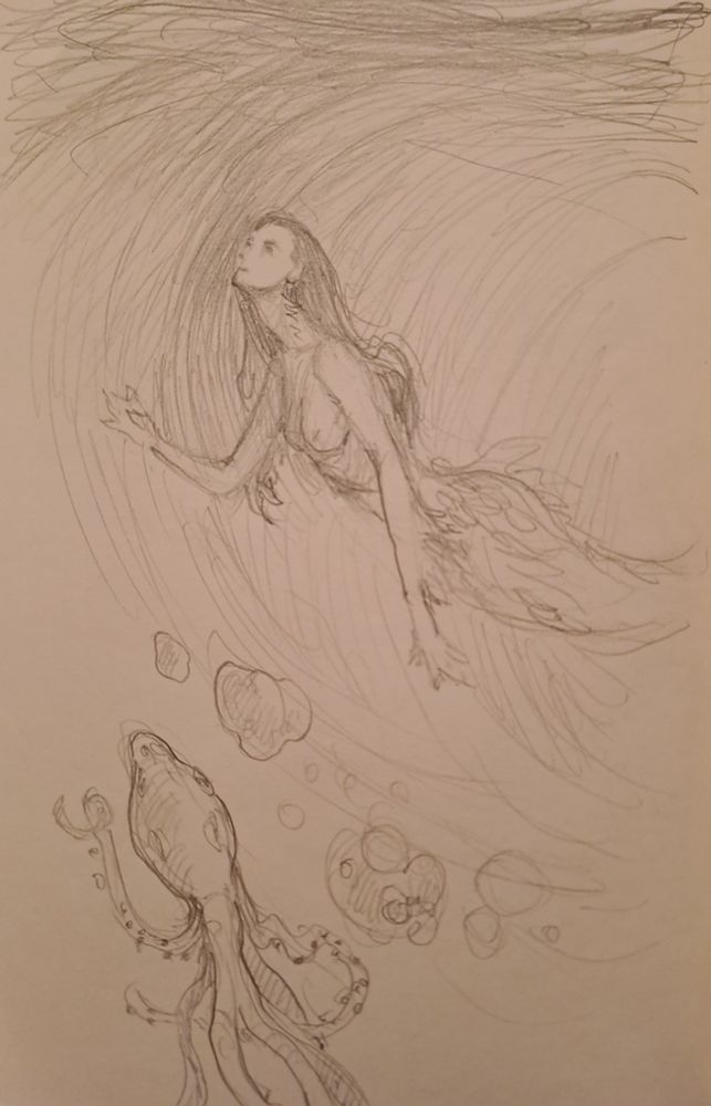 Pencil sketch of a mermaid and her octopus companion, both looking longingly to the water's surface.