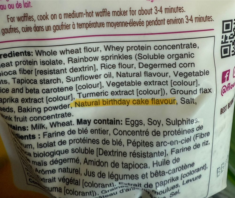 Ingredient list from a bag of pancake mix, listing “natural birthday cake flavour” as an ingredient 