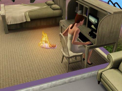A female sim on the computer, ignoring a baby who is on fire 