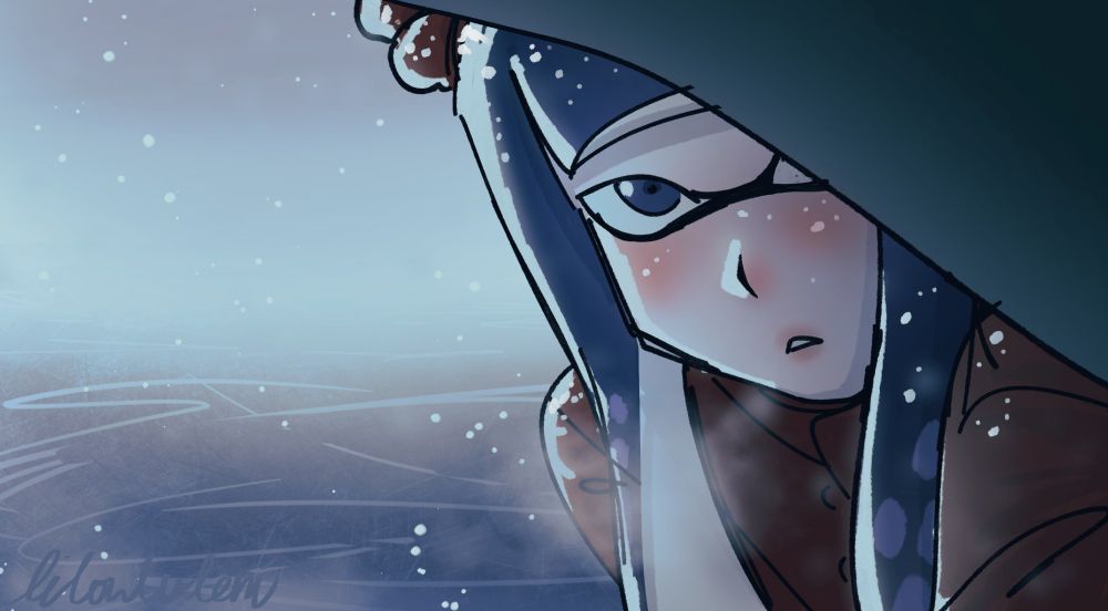 Mac stands on the ice as snow falls around her, she looks directly at the viewer underneath the brim of a hat.