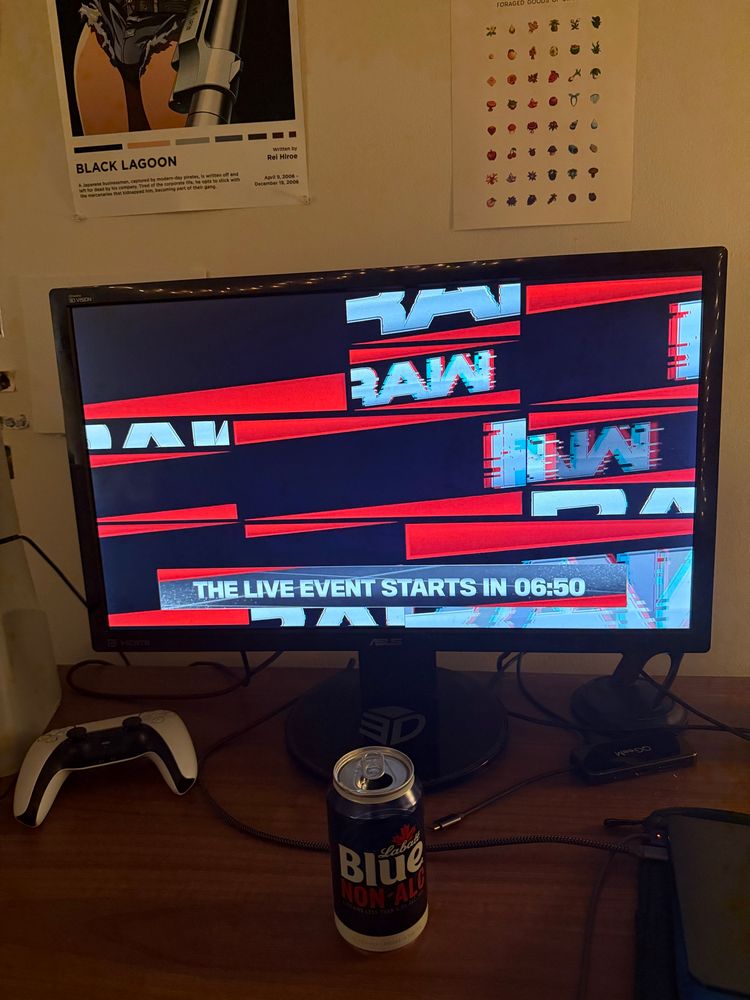 An image of a monitor that is showing WWE Monday Night Raw 
