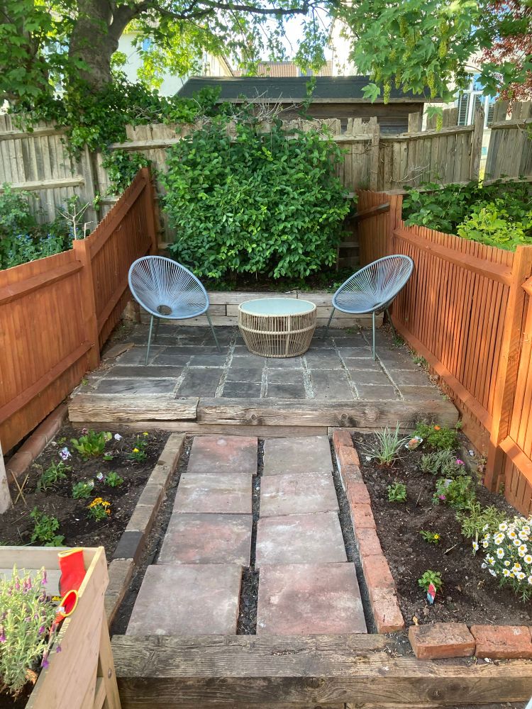A garden that’s been weeded and now has plants instead of weeds in the beds