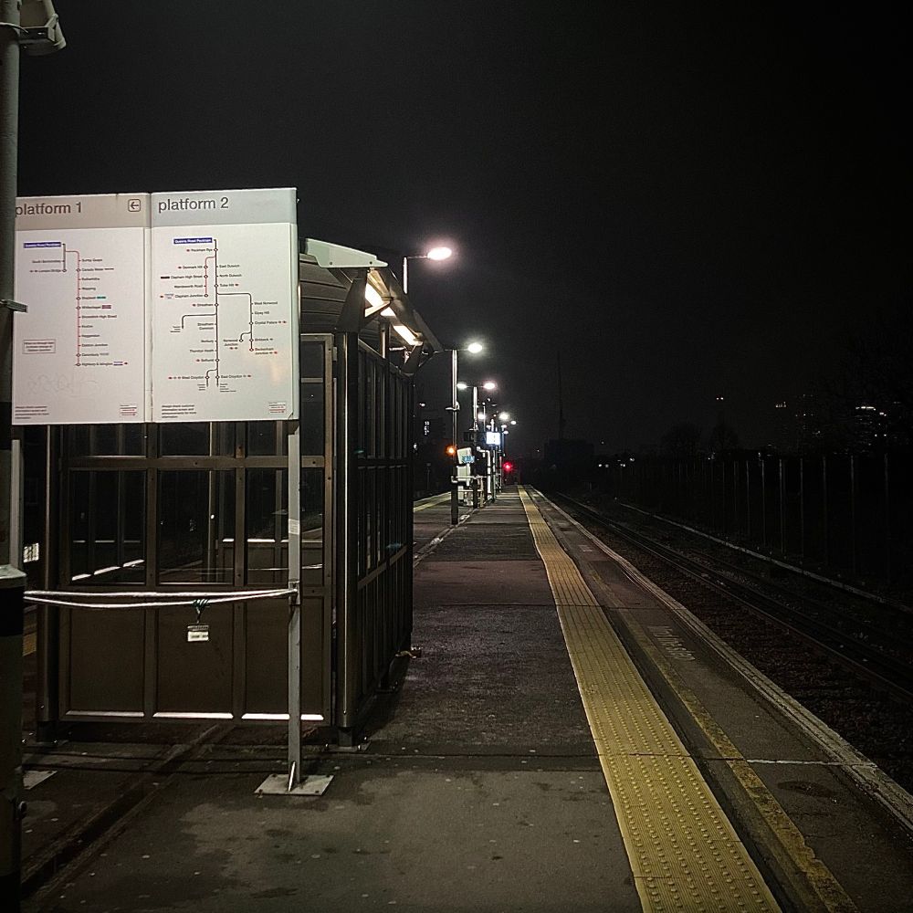Train station platform at night