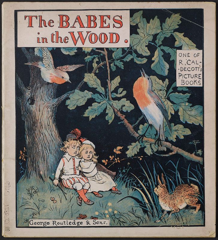 An old picture book depicting two children hugging each other, sitting by a tree in the woods in the night. There are two robins and a hare circling the children menacingly. 
