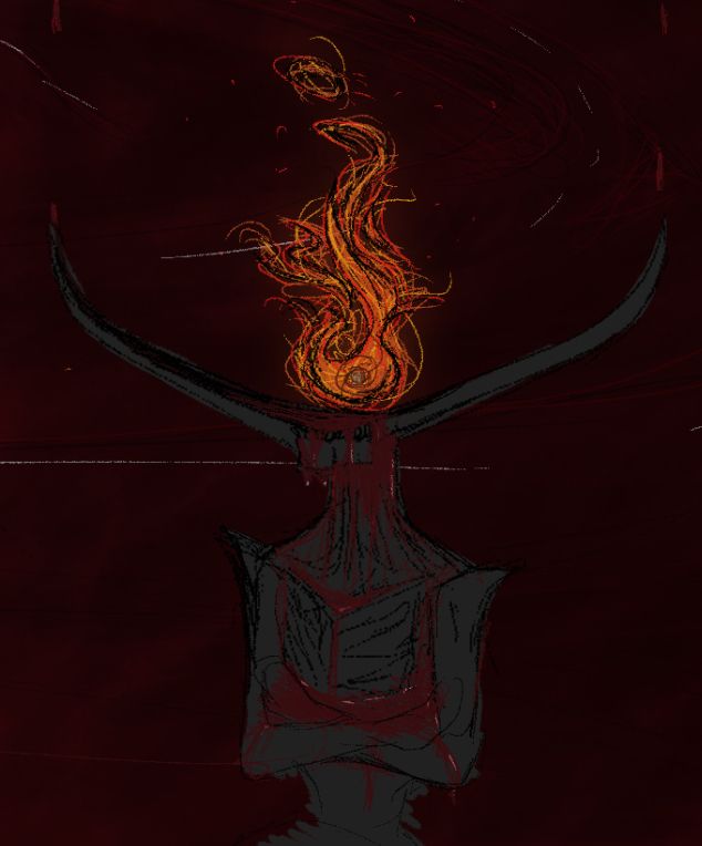 Statue of a humanoid, where the top half of the skull would be is nothing but air and a fire. the lower jaw pools blood that drips down the horns that function as funnels that collect the dripping blood. it pools around the lower jaw of the statue where it overflows and drops down its neck and body and its hands cross to let the blood pool more