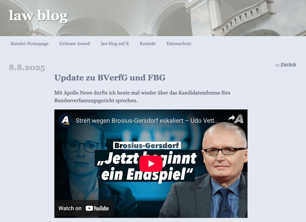 8.8.2025

Update zu BVerfG und FBG

Mit Apollo News durfte ich heute mal wieder über das Kandidatendrama fürs Bundesverfassungsgericht sprechen.
