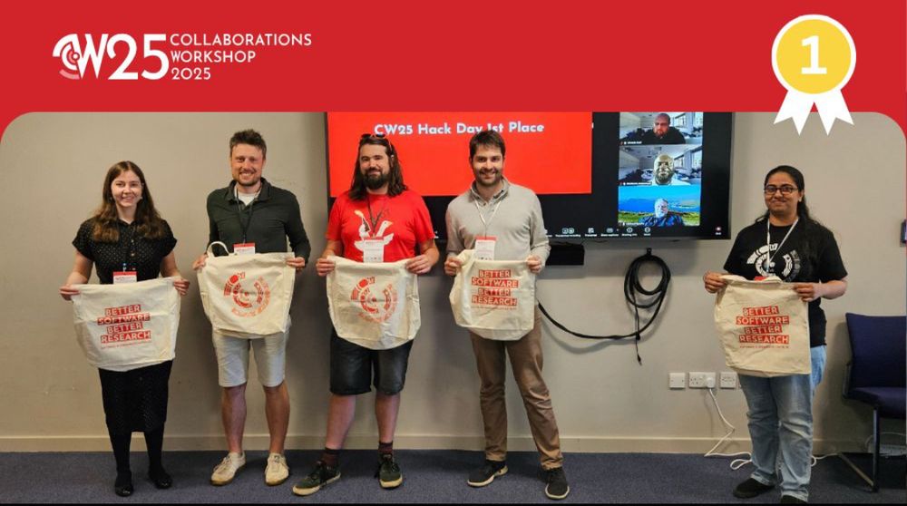 5 people posing with tote bags